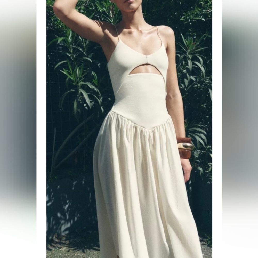 Zara Cut-out Combination Cream Knit Midi Dress Sz-L